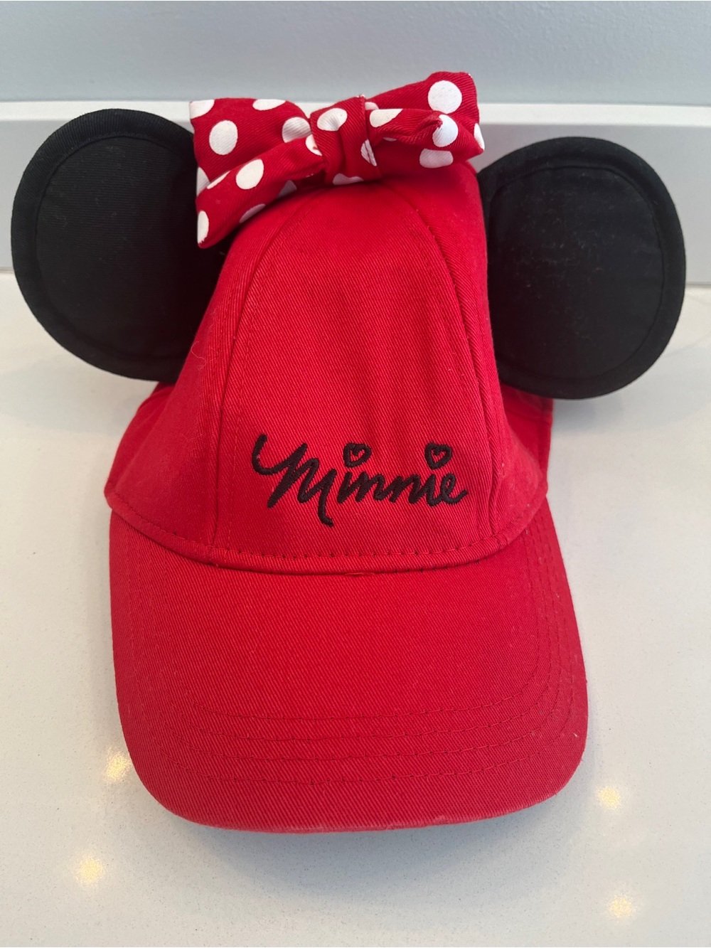 Disney Red Minnie Mouse Ear Cap with Black Ears and Polka Dot Bow